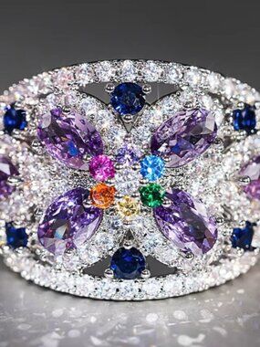 NEW 18k White Gold Blue Sapphire Amethyst Diamond Ring Band Wide Statement Ring